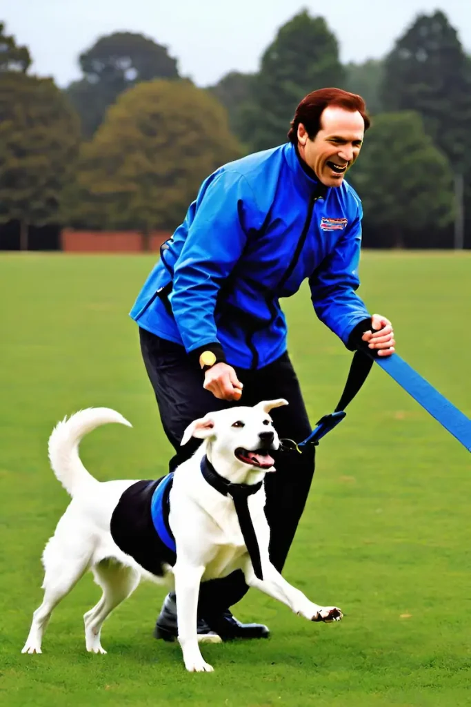 a man walking a dog on a leash