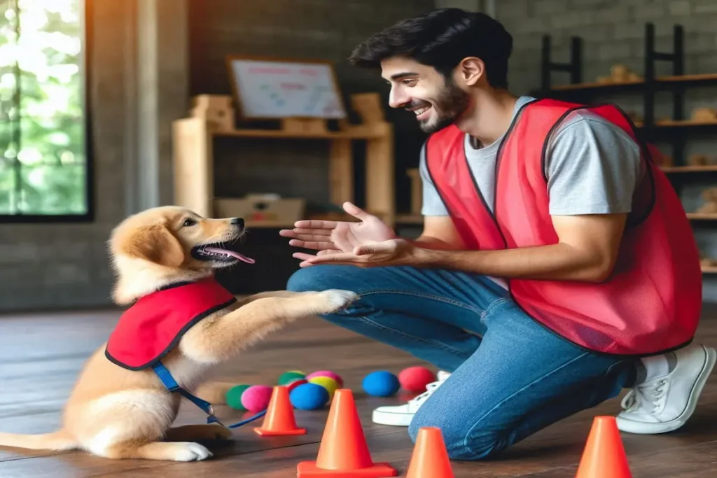 a man and a dog playing with a dog