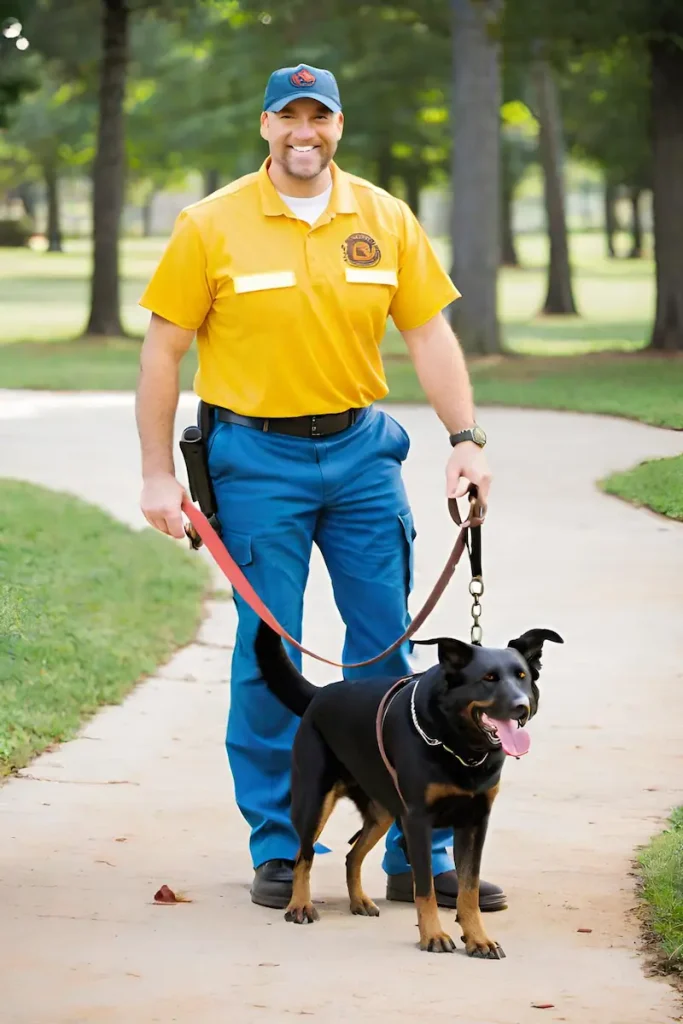 a man walking a dog on a leash