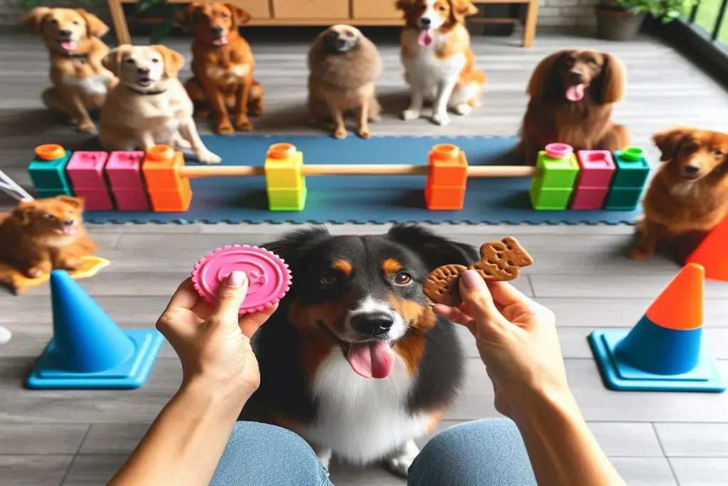 a group of dogs sitting on a floor with a person holding cookies