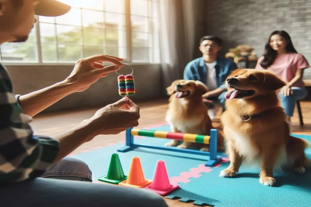 a person holding a toy with dogs