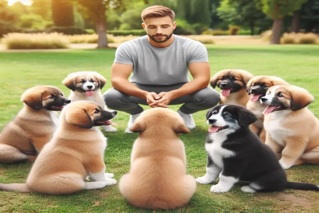 a man sitting in a circle with many puppies: Puppy Training Classes Near Me