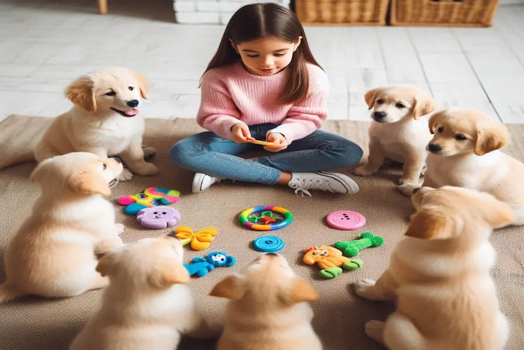 a girl sitting on the floor with many puppies around her: Puppy Training Guide