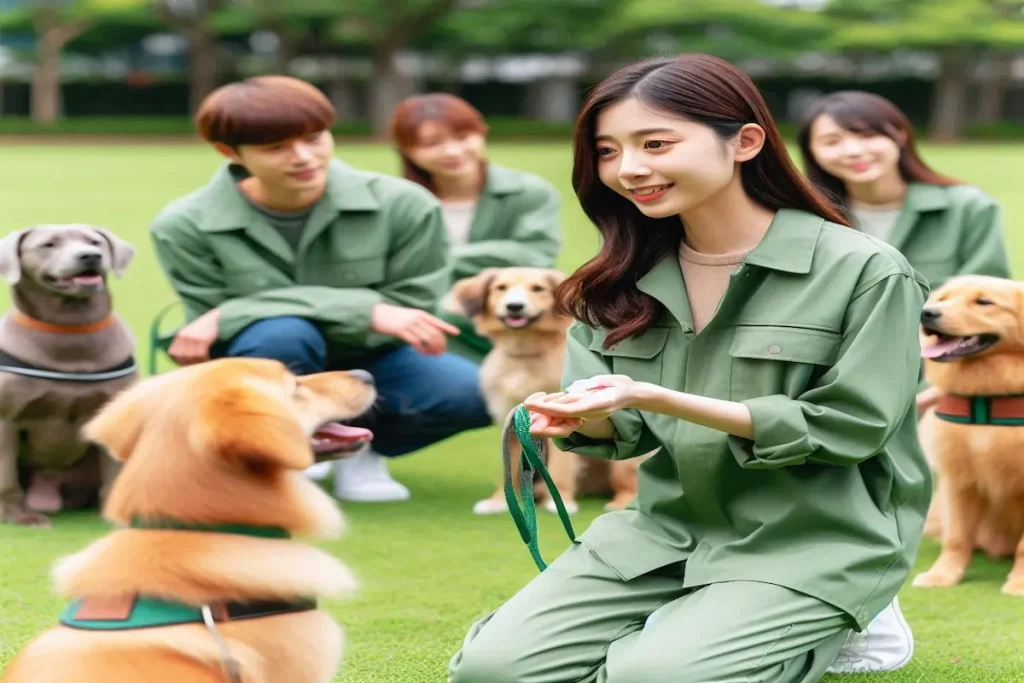 a group of people in green uniforms with dogs