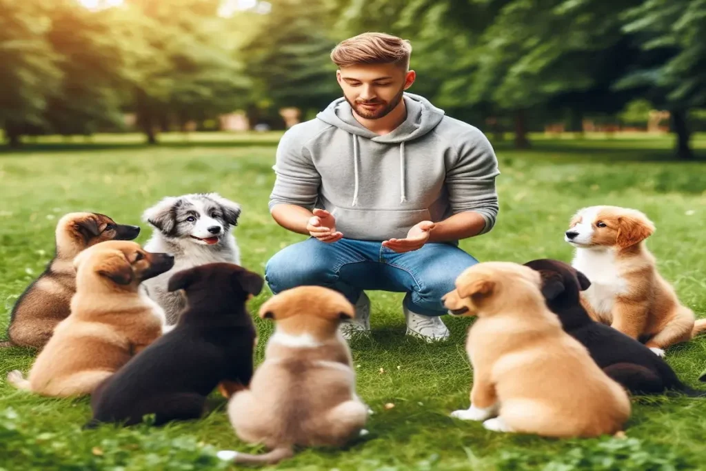 a man sitting in a grassy area with many puppies