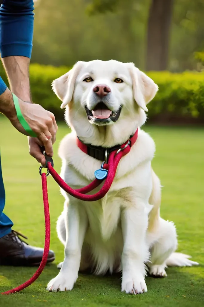 a dog sitting on grass with a person holding a leash