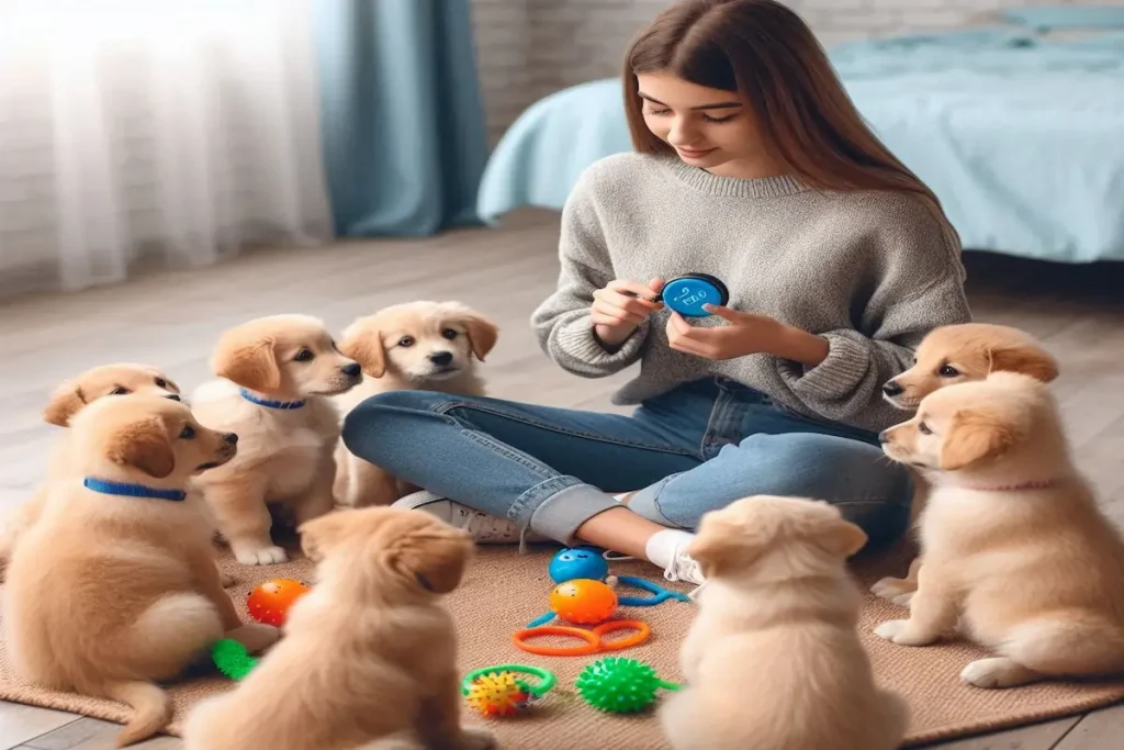 a woman sitting on the floor with many puppies around: Puppy Training Guide