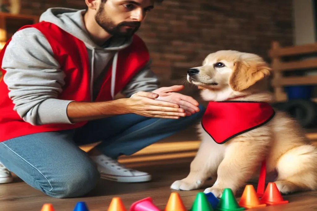 a man kneeling next to a dog